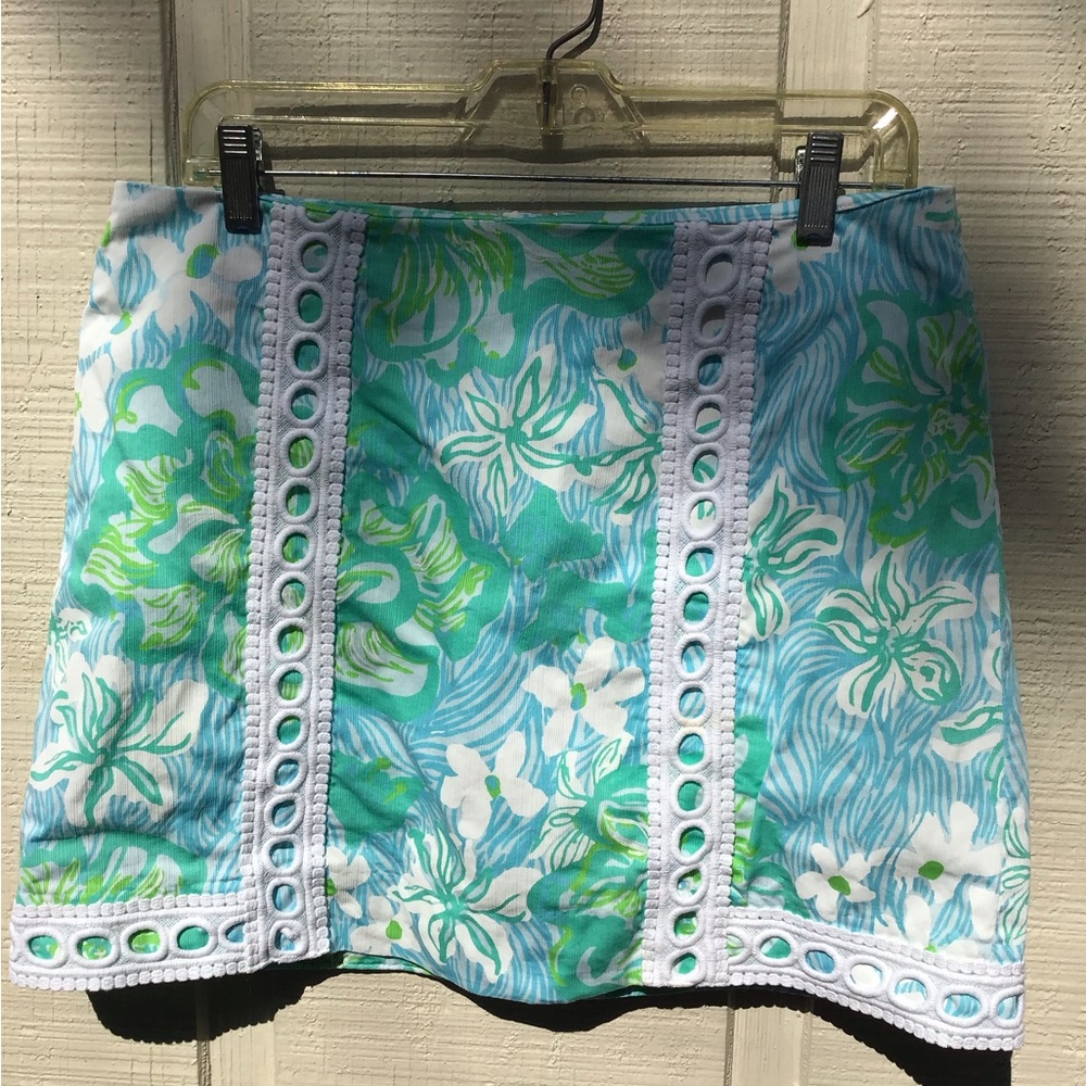 Lilly Pulitzer Aqua Blue & Green Floral Skort with White Eyelet Trim
